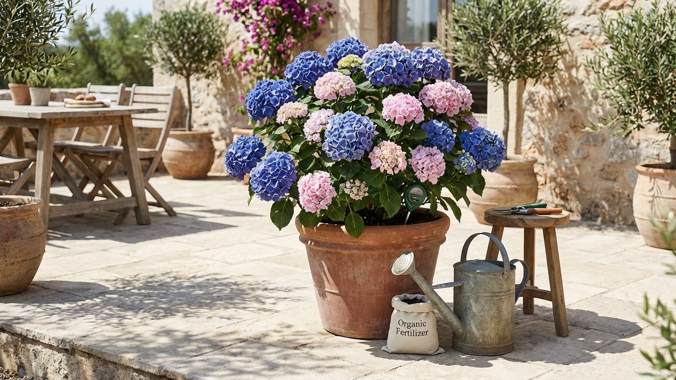 Entretien d'un hortensia en pot : arrosage, engrais et taille au fil des saisons