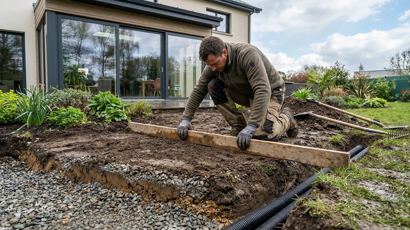 Préparer le sol avant d'aménager sa terrasse : drainage et nivellement