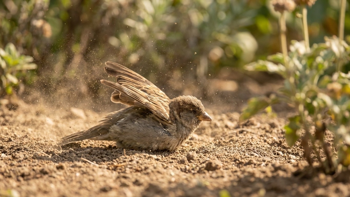 Les ornithologues recommandent ce carré de terre nue au jardin : les oiseaux s'y roulent chaque matin