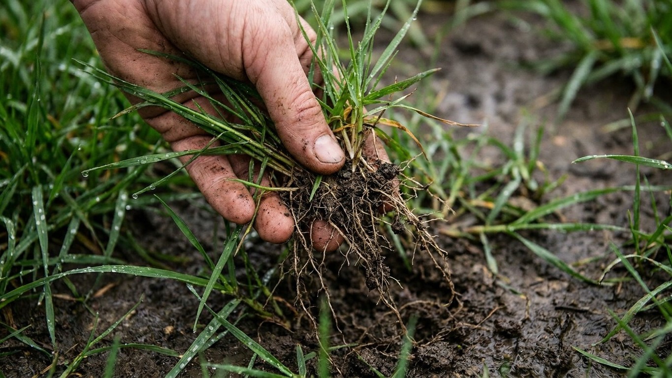 Je tondais toujours juste après l'orage pour 'profiter de la pluie' : en arrachant une poignée d'herbe, j'ai vu que les ra...