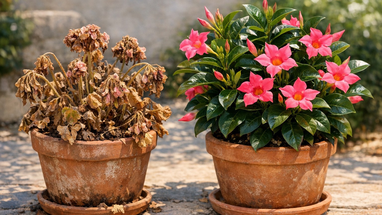 J'ai posé des jardinières tropicales à côté de mes géraniums juste pour voir : trois semaines de sec plus tard, une seule ...