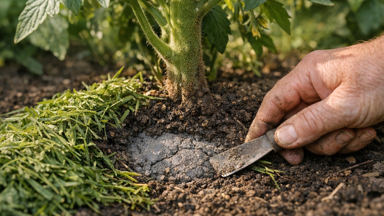 J’ai étalé toute ma tonte fraîche au pied de mes tomates : le jour où j’ai gratté en dessous, j’ai compris pourquoi elles ...