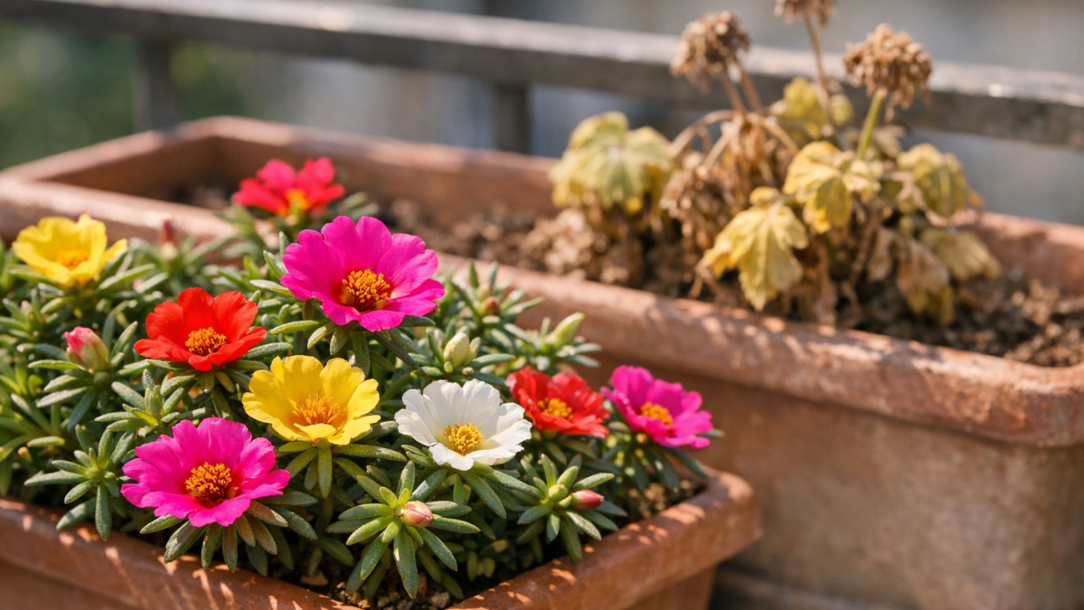 Mes géraniums étaient grillés depuis des semaines : la plante d'à côté dans la même jardinière n'avait pas reçu une goutte...