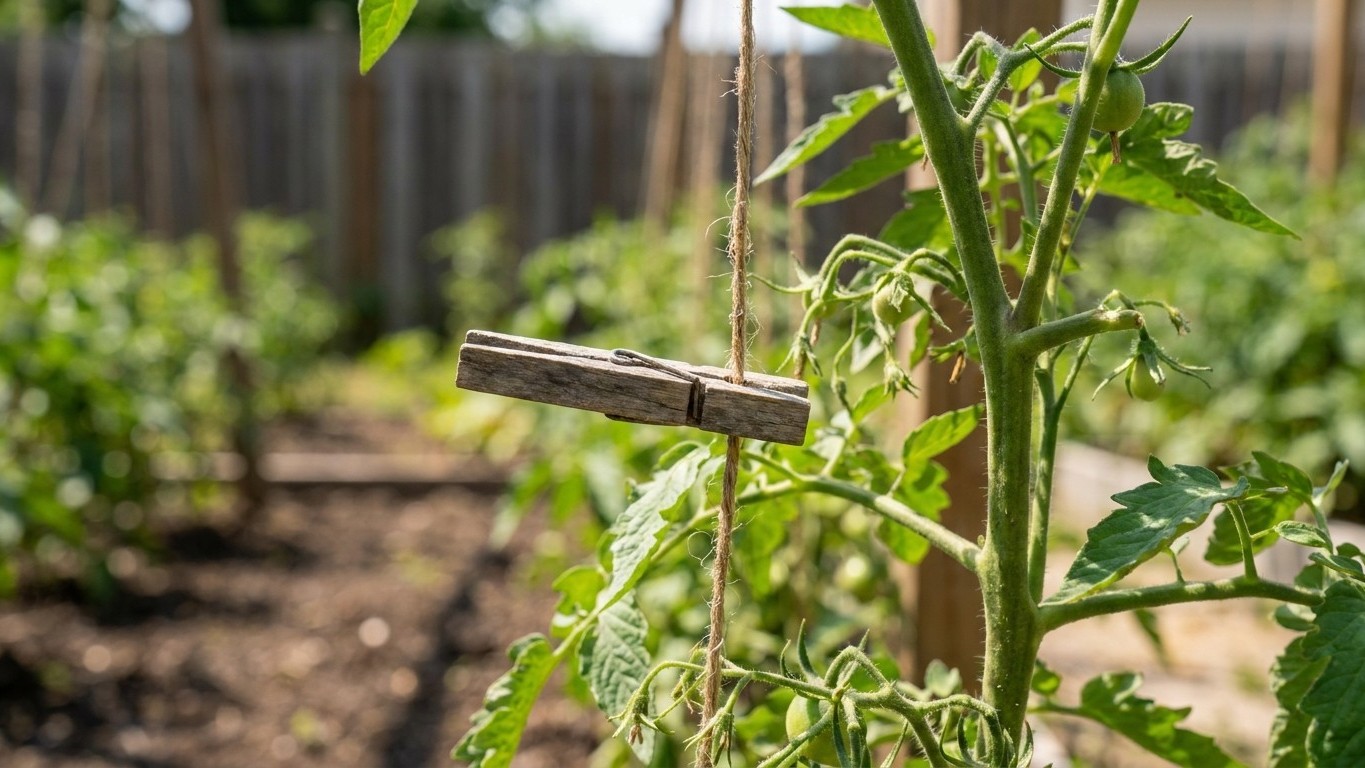 Mon voisin fixe ses plants de tomates au tuteur avec une pince à linge en bois et ce n'est pas pour gagner du temps