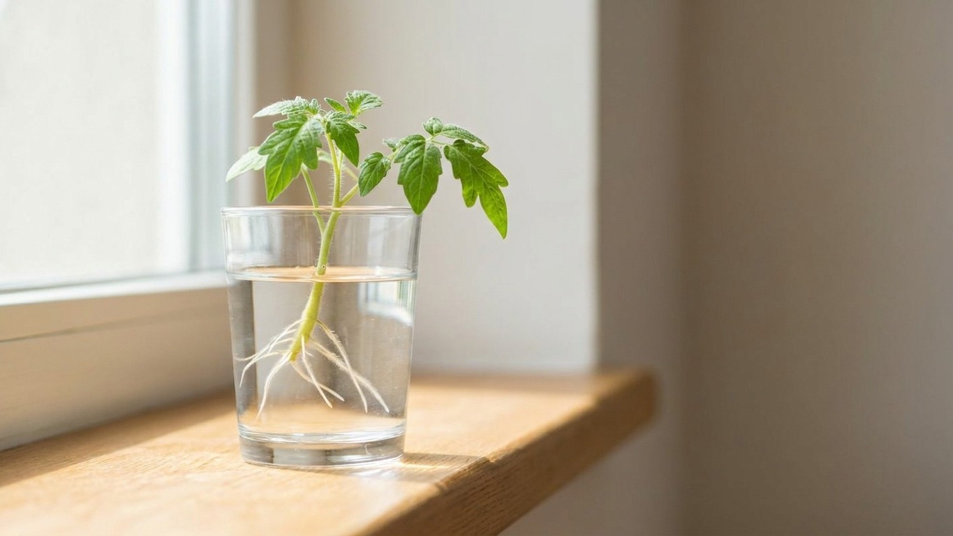 Mon voisin plonge ses gourmands de tomates dans un verre d'eau en juillet et ce n'est pas pour les jeter