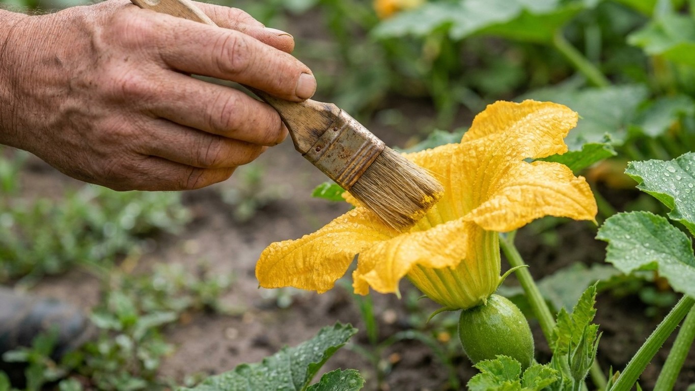On s'obstine tous à arroser davantage quand les petites courges tombent, alors que ce passage de pinceau avant midi suffit...