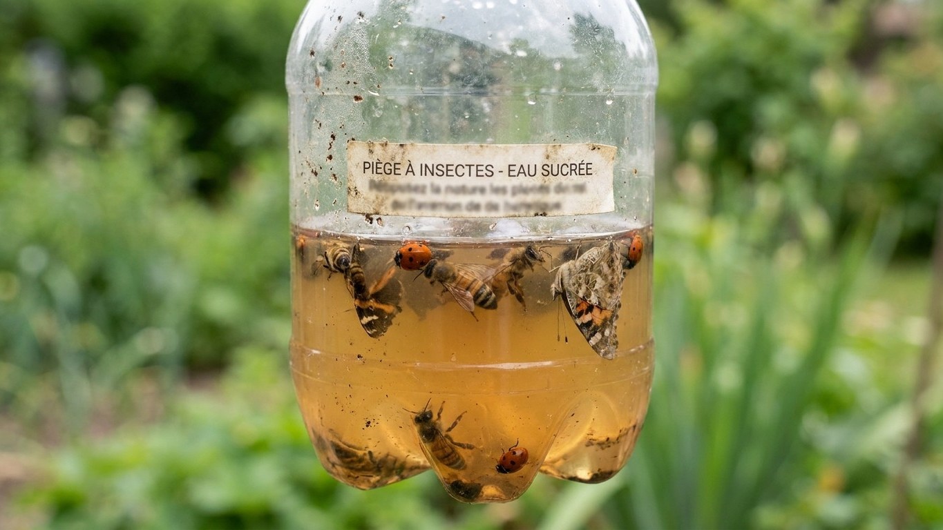 J'ai suspendu trois bouteilles de bière et de sirop dans mon jardin dès mars juste pour piéger les fondatrices de frelon a...