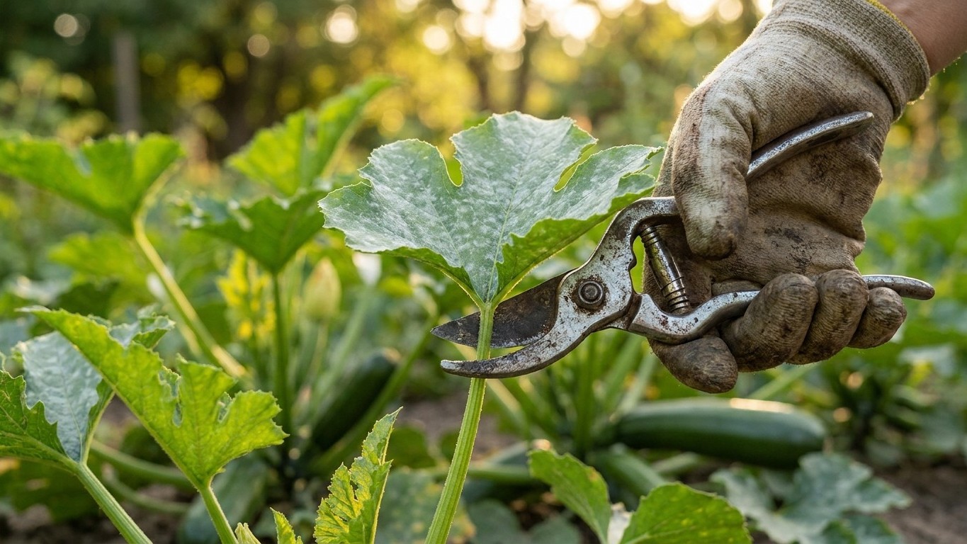 Mon voisin coupe les vieilles feuilles de ses courgettes en pleine récolte et ce n'est pas pour gagner de la place