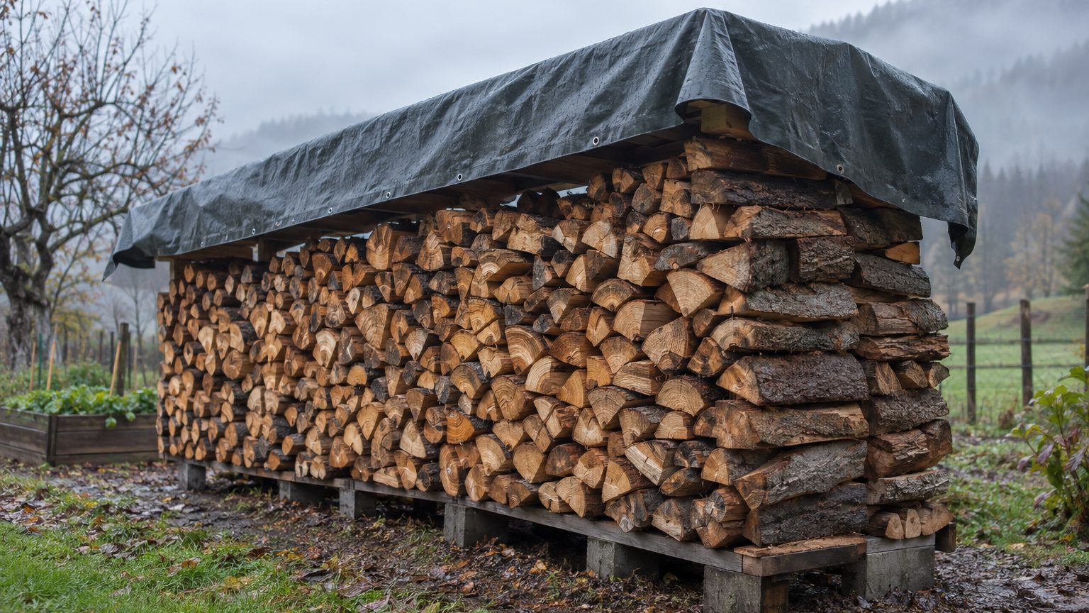 Faut-il bâcher son bois de chauffage ? Pluie, neige et essences