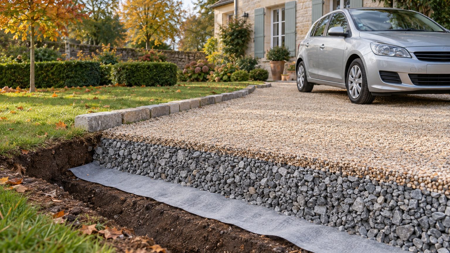 Épaisseur de gravier allée carrossable et stationnement : fondation, finition et type de sol