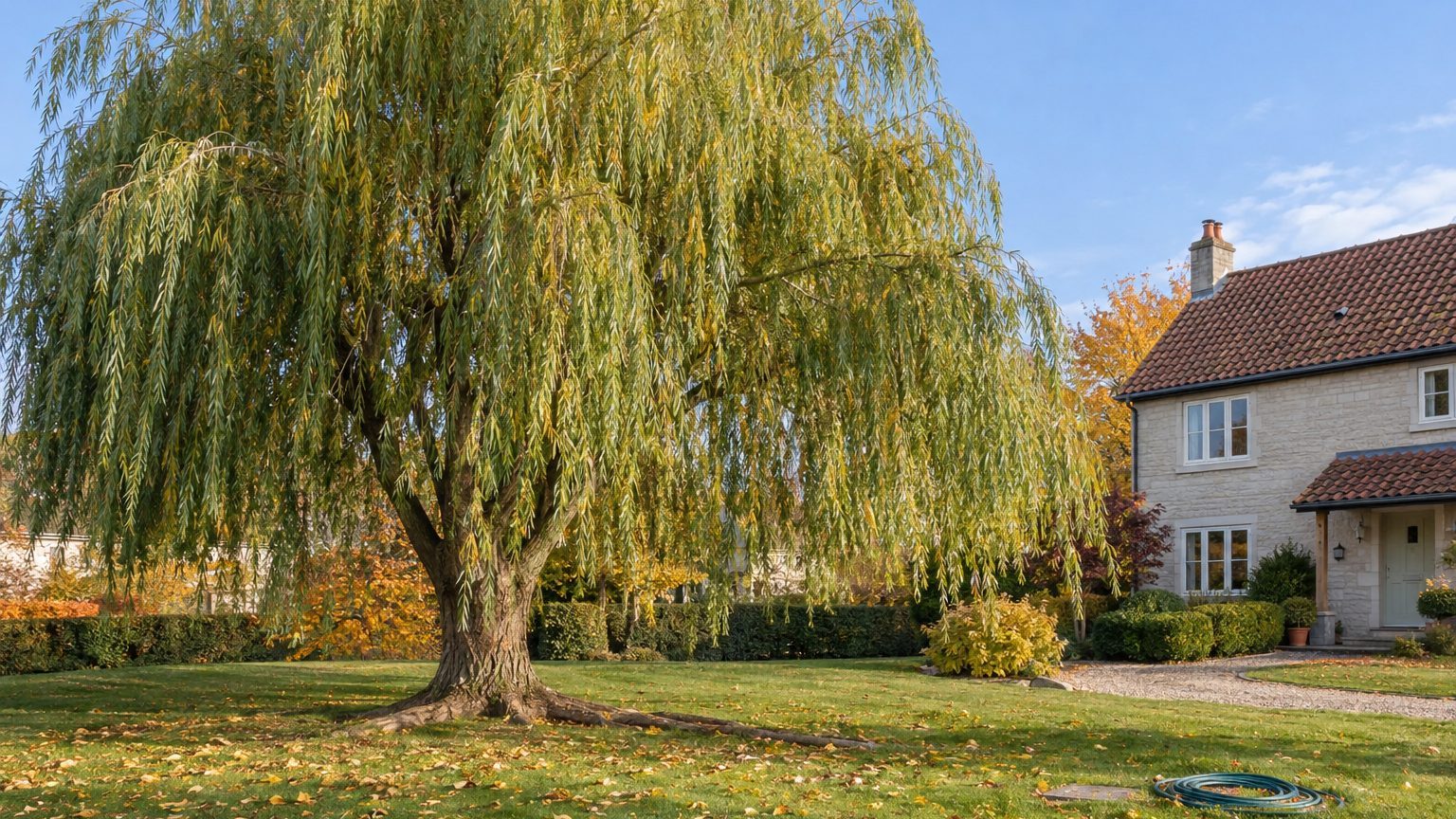 Saule pleureur près d'une maison : racines et distance à respecter